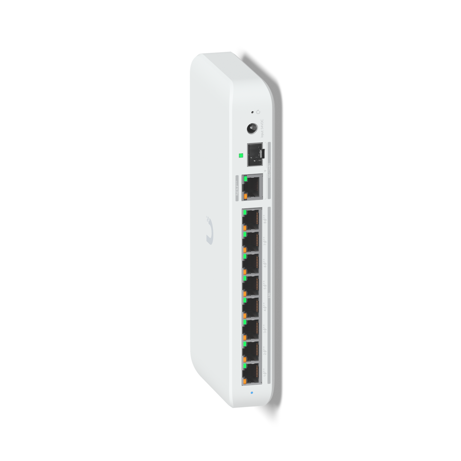 UniFi Switch Flex 2.5G PoE in white with eight 2.5G PoE++ ports and a 10G combo uplink