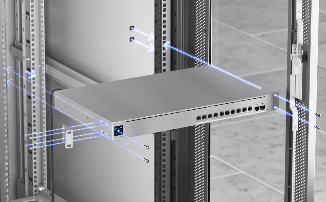 Rackmontage van de UniFi Switch Pro XG 10 PoE met montagebeugels