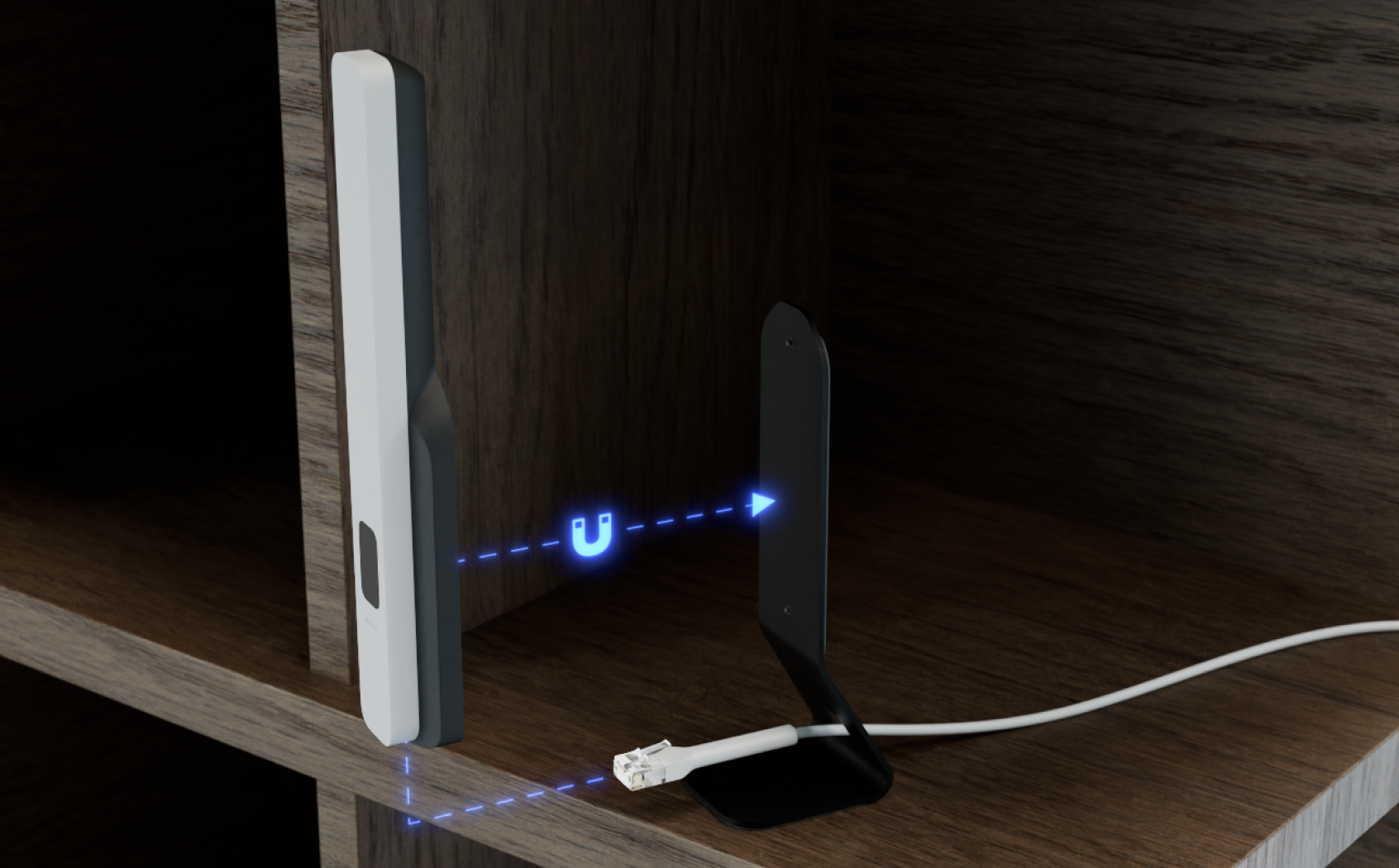 Montage van de U5G op een houten oppervlak met houder en netwerkkabel