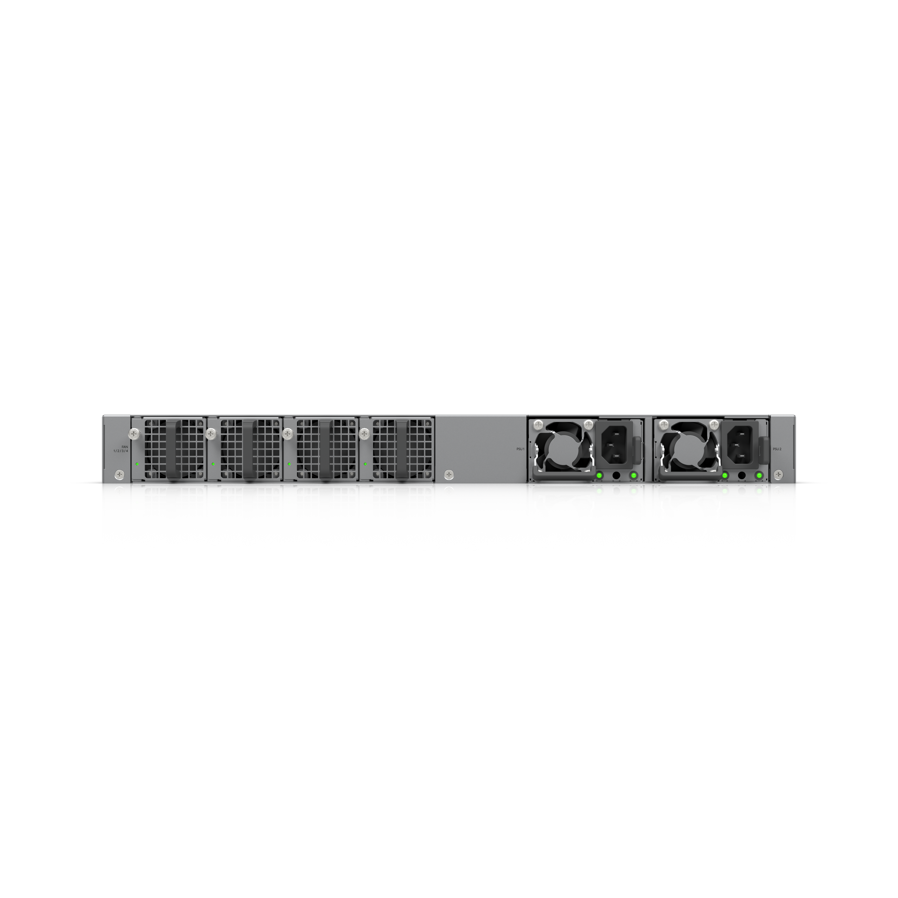 Achterzijde ECS-48-PoE met vier ventilatormodules en twee voedingsmodules
