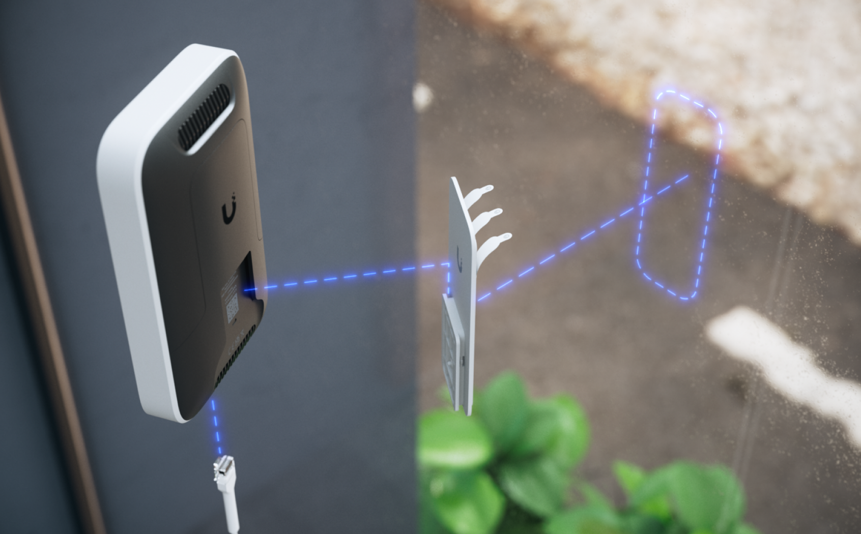 Raambevestiging van UniFi 5G Max met montagehouder en netwerkaansluiting