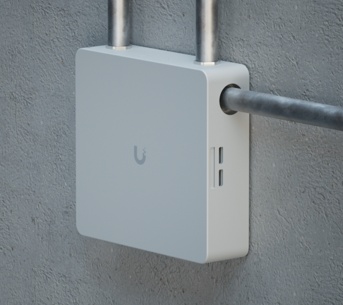 UniFi Alarm Hub Kit aan de wand met kabelinvoer via buizen